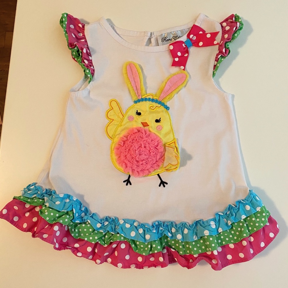 Easter Bunny chick top, Rare Editions, Toddler girl 3T, ruffled hem spring shirt
